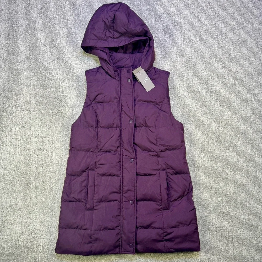 J.Jill Down Hooded Long Puffer Vest Plum Purple Snap Zip Sleeveless NWT XS‎